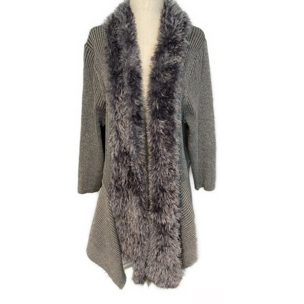 Lauren Michelle Metallic Silver Faux Fur Open Front Sweater Jacket Dressy XL
